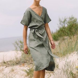 Linen Wrap Kimono Dress Pine Green